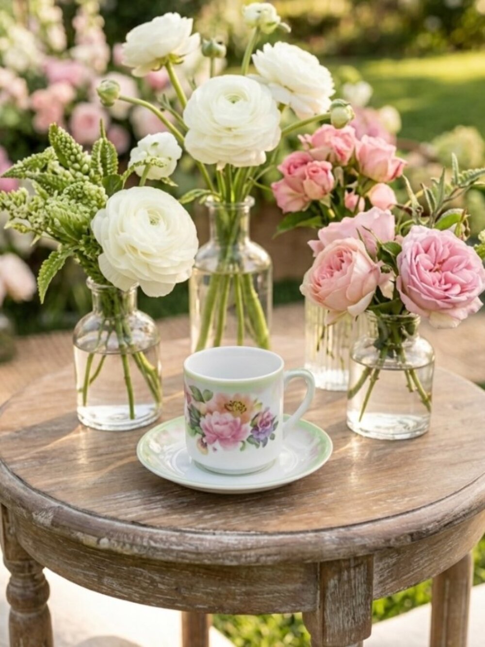 Vintage OG Germany Green and Pink Rose Porcelain Tea Cup and Saucer Set
